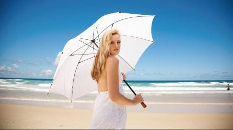 spiaggia, mare, ombrello, donna